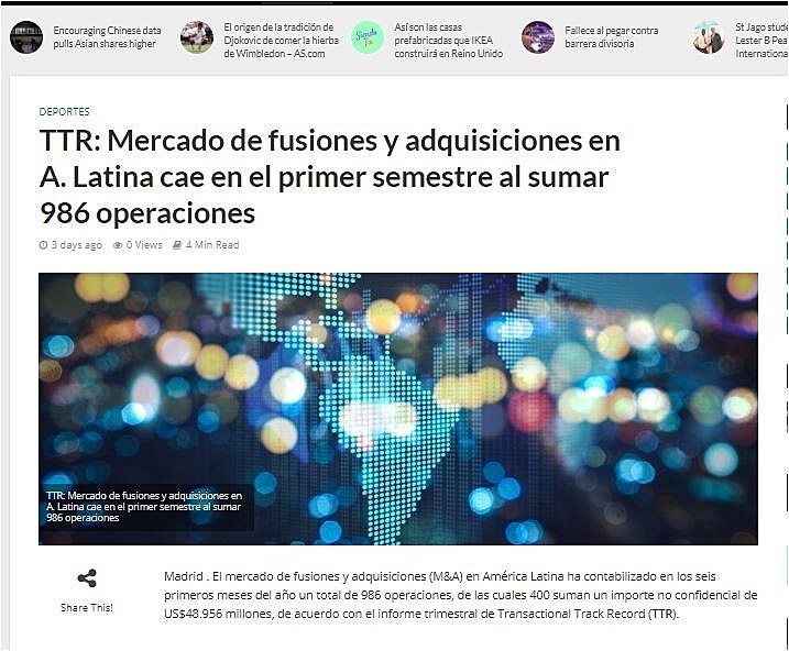 TTR: Mercado de fusiones y adquisiciones en A. Latina cae en el primer semestre al sumar 986 operaciones